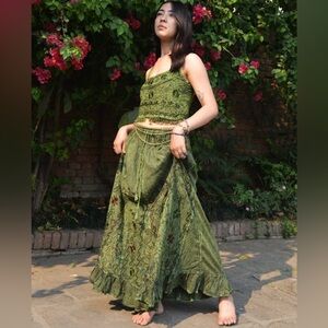 Boho Olive Green Embroidered Maxi Skirt and Top Set